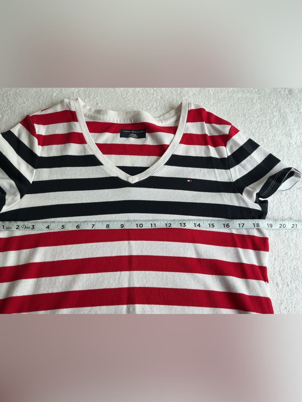 Tommy Hilfiger Striped V-Neck Tee in Red, Black & White - Picture 8 of 9